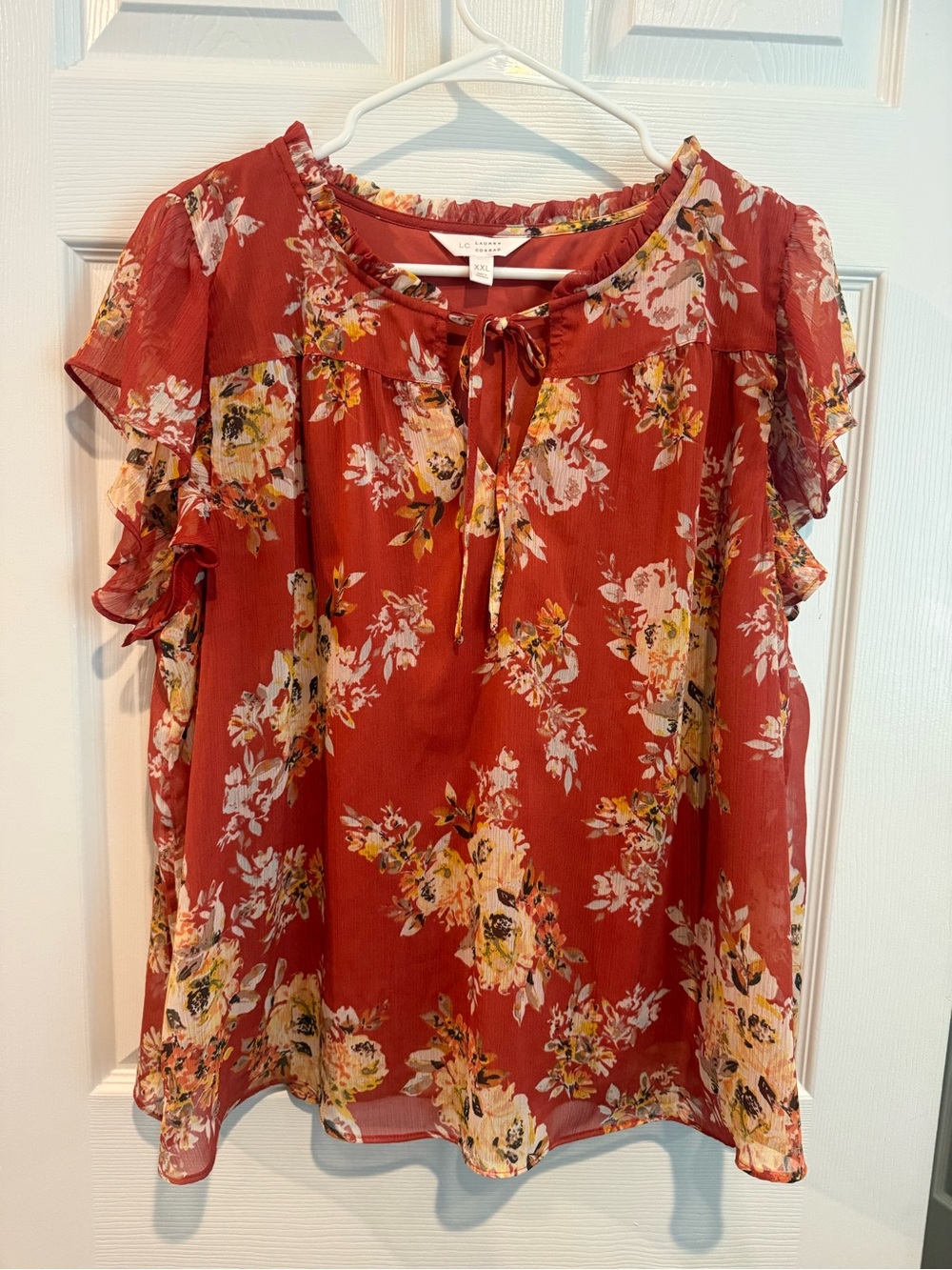 LC Lauren Conrad Rust Floral Tie-Front Ruffle Sleeve Blouse XXL